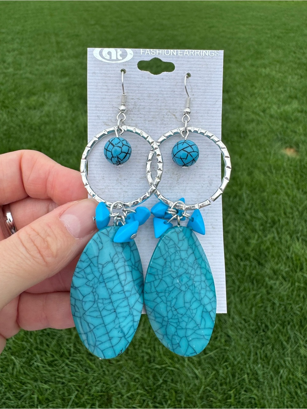 Silver Tone Hoops and Turquoise Teardrop Marble Dangle Earrings